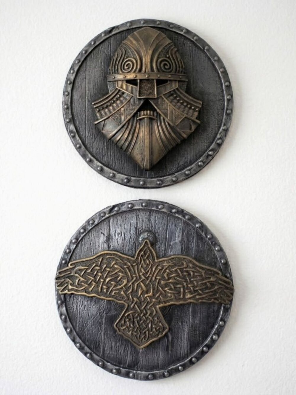 Vintage Viking Norse Warrior & Celtic Raven 9" Round Heavy Plaster Wall Plaques